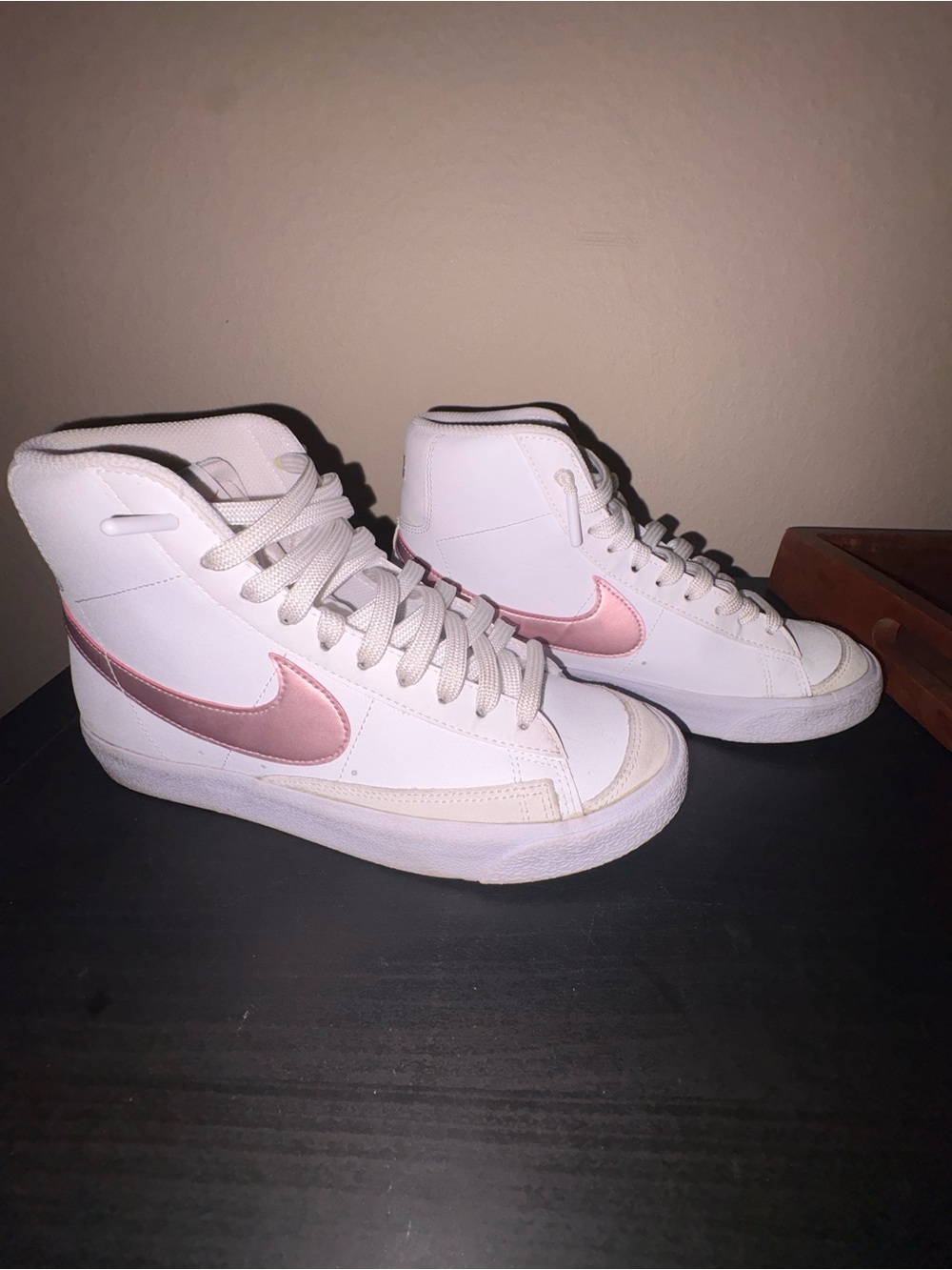 Nike Women's High-Top Sneakers in White with Pink Swoosh